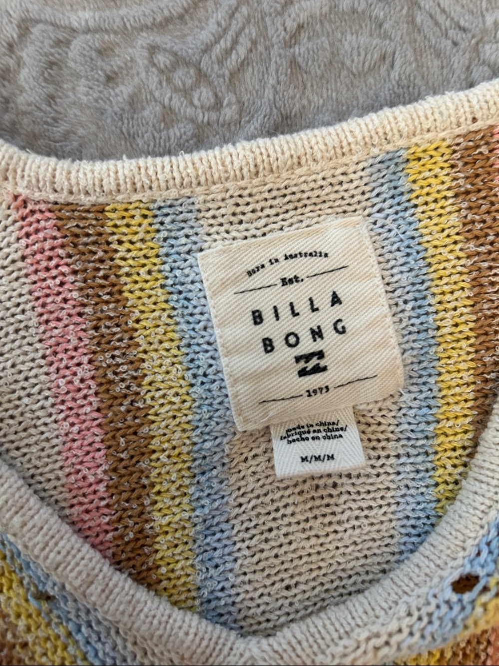 Billabong Cream Knit Sweater with Pink, Yellow, Blue & Brown Stripes - Picture 2 of 2
